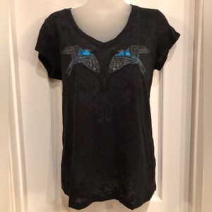 Artist Series Women Short Sleeve Tee Black Burnout Blue Metallic Swallow Birds